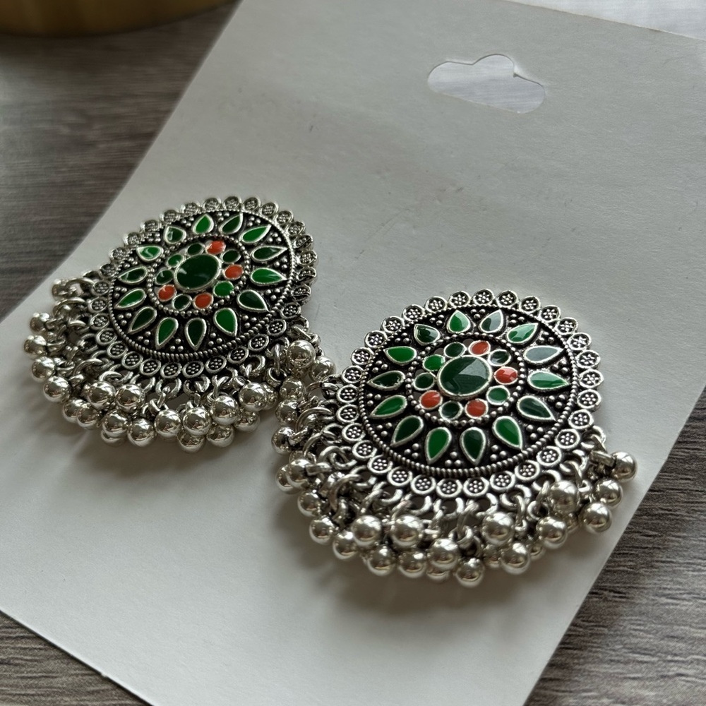 Silver and Green Statement Earrings